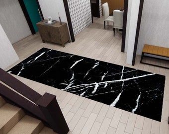 Black Marble Runner Rug, White Striped Rug, Washable Rug, Corridor Rug, Kitchen Rug, Personalized Rug, Custom Rug, Modern Rug, Non Slip Rug