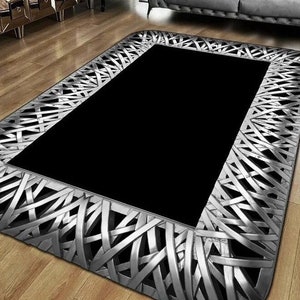 Silver Striped Black Rug, Black Silver Rug, Washable Area Rugs, Rugs for Living Room, Rug for Bedroom, Digital Print Rug, Modern Rug, Gift