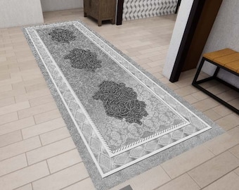 Alfombra de corredor de flores grises, alfombra gris negra, alfombra lavable, alfombra de pasillo, alfombra de cocina, alfombra personalizada, alfombra personalizada, alfombra de aspecto wintage, antideslizante