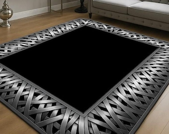 Silver Striped Black Rug, Black Silver Rug, Washable Area Rugs, Rugs for Living Room, Rug for Bedroom, Digital Print Rug, Modern Rug, Gift