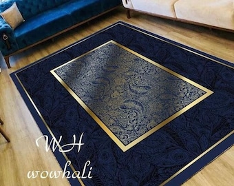Golden Striped Navy Rug, Navy Luxury Rug, For Living Room And Bedroom, Washable Rug, Non Slip Rug, Leather Sole Rug, Home Gift Rug