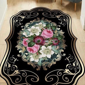 Colorful Flowers Black Rug, Purple Flowers Rug, Rugs For Living Room And Bedroom, Washable Rug, Black Rug, Leather Sole Rug, Home Gift Rug