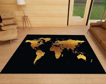 May include: A black and gold world map rug. The rug features a detailed outline of the continents in gold against a black background.