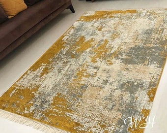Alfombra abstracta amarilla, amarilla con alfombra gris, para sala de estar y dormitorio, alfombra lavable, alfombra antideslizante, alfombra con suela de cuero, alfombra de regalo para el hogar