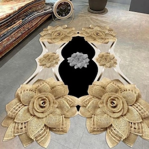 Gold Blumen Teppich, Heller Gold Teppich, Gold Schwarzer Teppich, Teppiche Für Wohnzimmer Und Schlafzimmer, Waschbar Teppich, Rutschfester Teppich