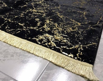Black Gold Fur Carpet, Black With Gold Feather Rug, Leather Sole Carpet, Non Slip Rug, Luxury Rug, Rugs For Living Room And Bedroom