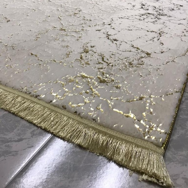 Gold Fur Carpet, Beige With Gold Feather Rug, Leather Sole Rug, Faux Fur Rug, Non Slip, Luxury Rug, Rugs For Living Room And Bedroom