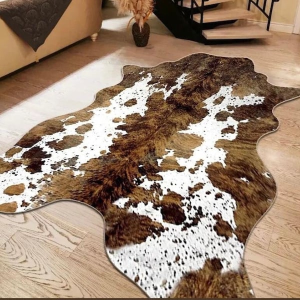 Tricolor Kuhfell Teppich, Gesprenkelter Longhorn Teppich aus Rindsleder, Brauner und Weißer Teppich aus Rindsleder, Waschbarer Teppich aus Kuhfell, Digitaldruck Teppich