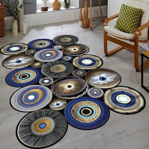 Tappeto blu malocchio, tappeto d&#39;ingresso del corridoio, tappeto in pelle antiscivolo tagliato su misura, tappeto lounge malocchio, tappeto blu oro nero, tappeto lavabile, tappeto regalo
