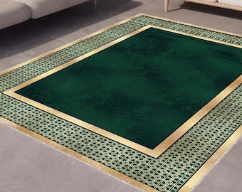 Green With Golden Rug, Gold Striped Rug, Washable Area Rugs, Rugs for Living Room, Personalized Rug,  Rugs for Bedroom, Digital Print Rug