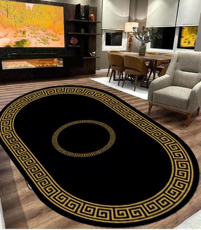 Alfombra de lujo negra con rayas doradas, decoración de lujo en negro y dorado, alfombras para sala de estar y dormitorio, alfombra lavable, alfombra de suela de cuero, alfombra de regalo imagen 3