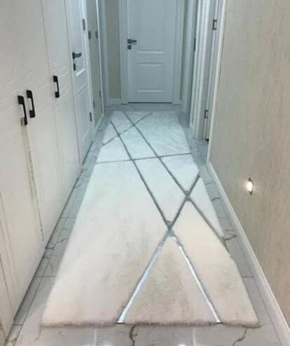 White With Silver Fur Rug, Silver Leather Striped Rug, Shaggy And Leather Carpet, Faux Fur Rug, Luxury Rug, Rugs For Living Room And Bedroom