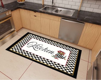 May include: A black and white checkered kitchen rug with a gold border and the word "Kitchen" in cursive. The rug has a red and white floral design in the bottom right corner.