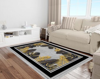 Blätter Teppich, Schwarzer Teppich, Grauer Teppich, Waschbare Teppiche, Teppiche für Wohnzimmer, personalisierter Teppich, Teppiche für Schlafzimmer, Digitaldruck Teppich
