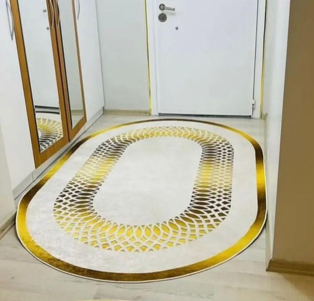 Shiny Gold Rug Modern Gold Pattern Rug, Luxury Hallway Rug, Runner Rug, Non-slip ...