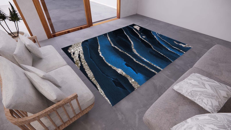 Blue Marble Rug Pattern Dark Blue Marble Rug, Rugs for Living Room, Rugs for Bedroom, Washable ...