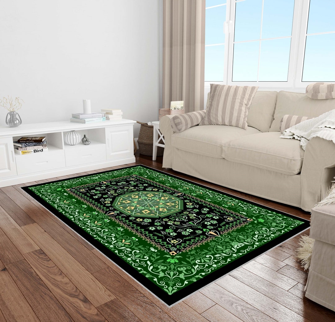 Emerald Green Rug, Black Rug, Floral Pattern Rug, Washable Area