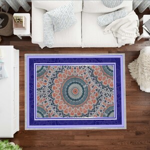 Dark Blue Rug, Orange Rug, Personalized rug, Washable Area Rugs, Rugs for Living Room, Rugs for Bedroom, Digital Print Rug, Art Deco Rug