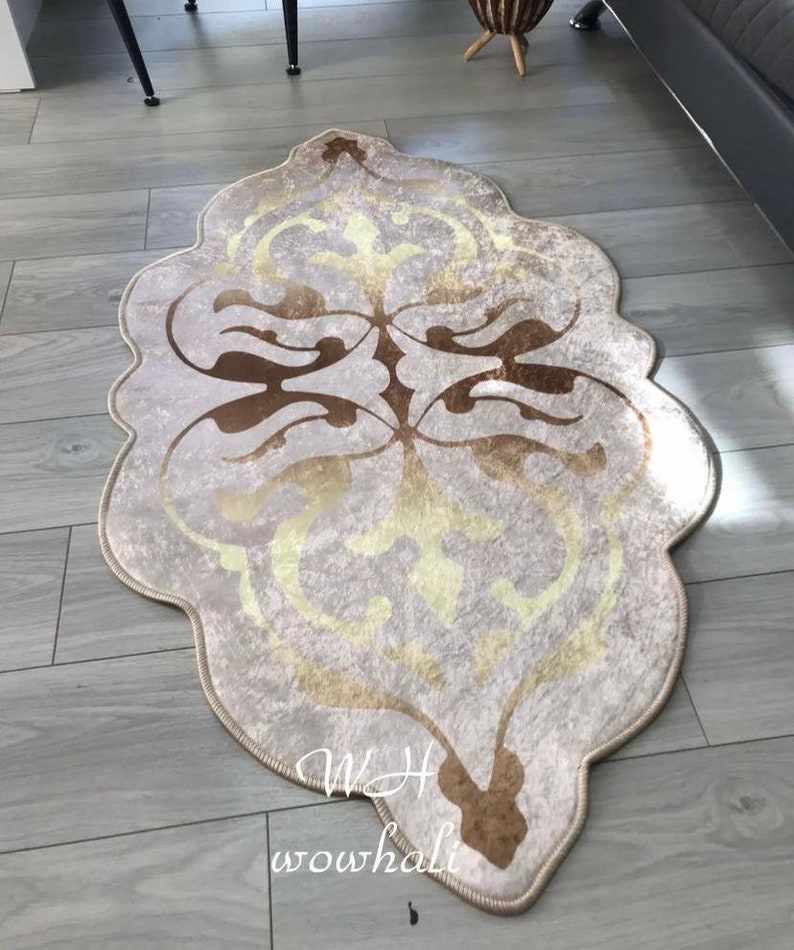 Gold With White Luxury Rug, Asymmetric Cut Rug, Rugs for Living Room ...