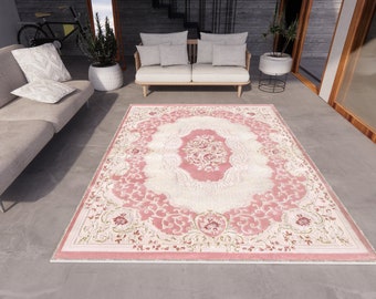 Pink With Beige Vintage Rug, Rugs for Living Room And Bedroom, Washable Rug, Digital Print Rug, Custom Rug, Personalized Rug, Home Gift Rug