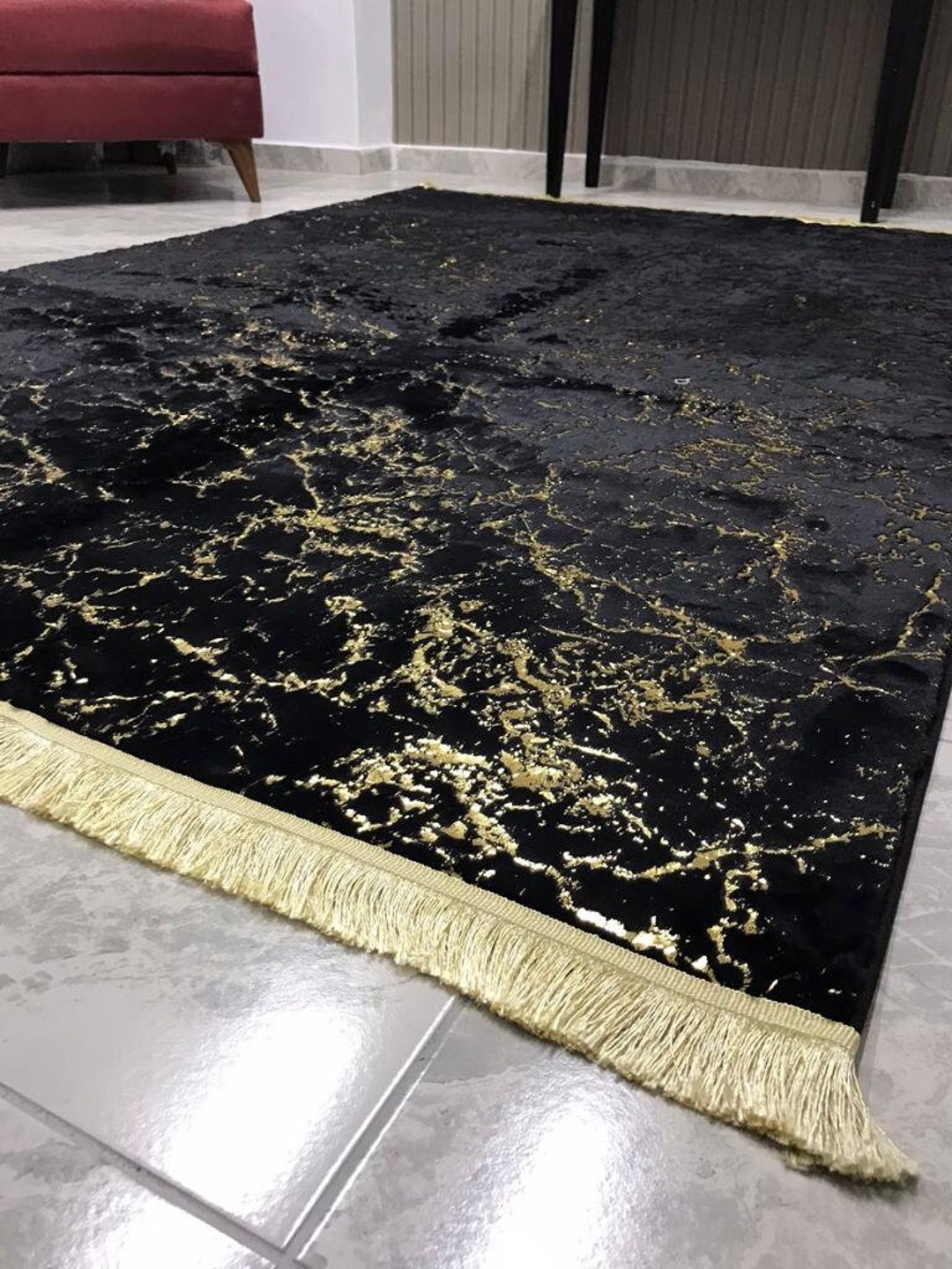 Black Gold Fur Carpet, Black With Gold Feather Rug, Leather Sole Carpet
