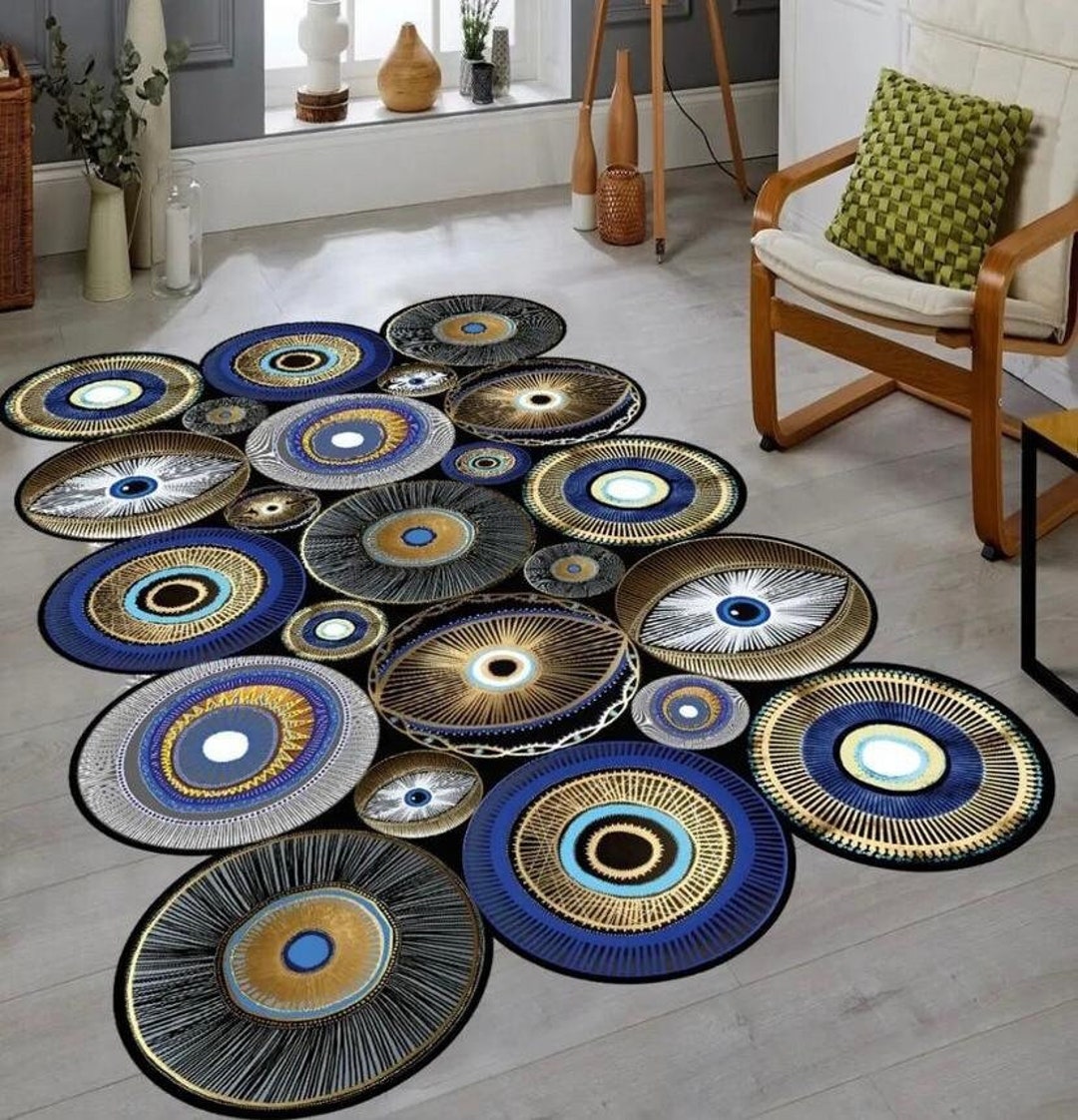Blue Evil Eye Rug, Hallway Entrance Rug, Custom Cut Nonslip Leather Rug