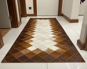 Brown-Beige Cowhide Patchwork Rug, Handwoven Cowhide Rug, Beige Cowhide, Natural Carpet, Brown Rug, Home Decor, Rugs For Home, Home Gift Rug