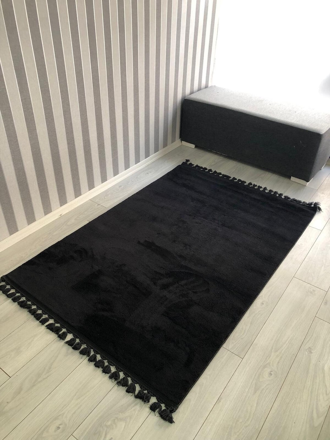 Black Plush Rug, Black Feather Rug, Fringed Rug, Black Soft Rug, for