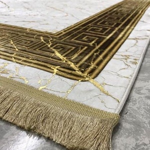 Gold With White Rug, Gold Striped Rug, Gold Fringe Rug, Leather Sole ...
