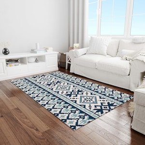 Dark Blue With White Rug, Wintage Pattern Rug, Washable Rug, Rugs for Bedroom, Digital Print Rug, Art Deco Rug, Personalized Rug, Luxury Rug