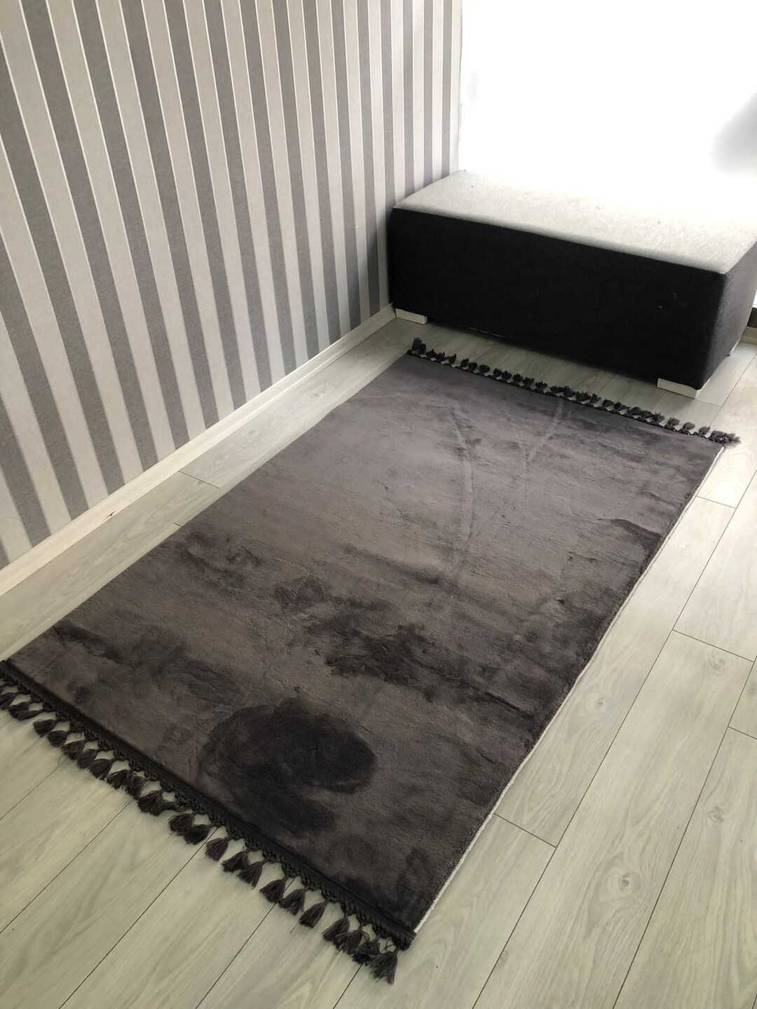 Dark Gray Plush Rug, Dark Gray Feather Rug, Dark Gray Fringed Rug, Dark