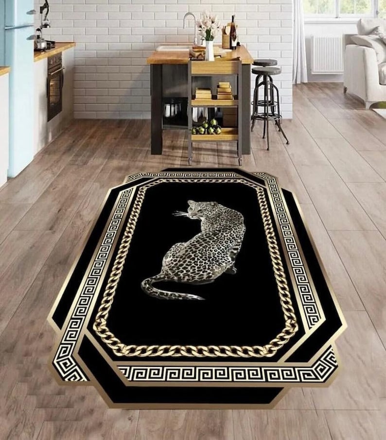 Golden Pattern Black Luxury Rug, Leopard Pattern Rug, Black And Gold Luxury Decor, Rugs For Living Room And Bedroom, Washable Rug, Leather image 1