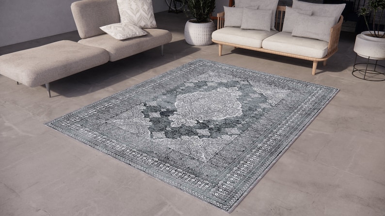 May include: A grey and white patterned area rug with a vintage design. The rug is laid out on a grey concrete floor in front of a light grey sofa.