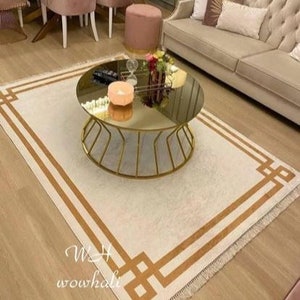 Golden Striped Beige Rug, Beige Gold Rug, Washable Area Rugs, Rugs for Living Room, Rug for Bedroom, Digital Print Rug, Modern Rug, Gift Rug