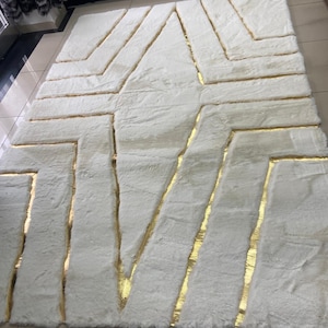 White With Golden Fur Rug, Golden Leather Striped Rug, Shaggy And Leather Carpet, Faux Fur Rug, Luxury Rug, Rugs For Living Room And Bedroom