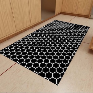 White Striped Black Rug, Kitchen Rug, Home Decor Rug, Geometric Pattern Rug, Custom Rug, Fashion Modern Rug, Polygon Pattern Rug, Gift Rug