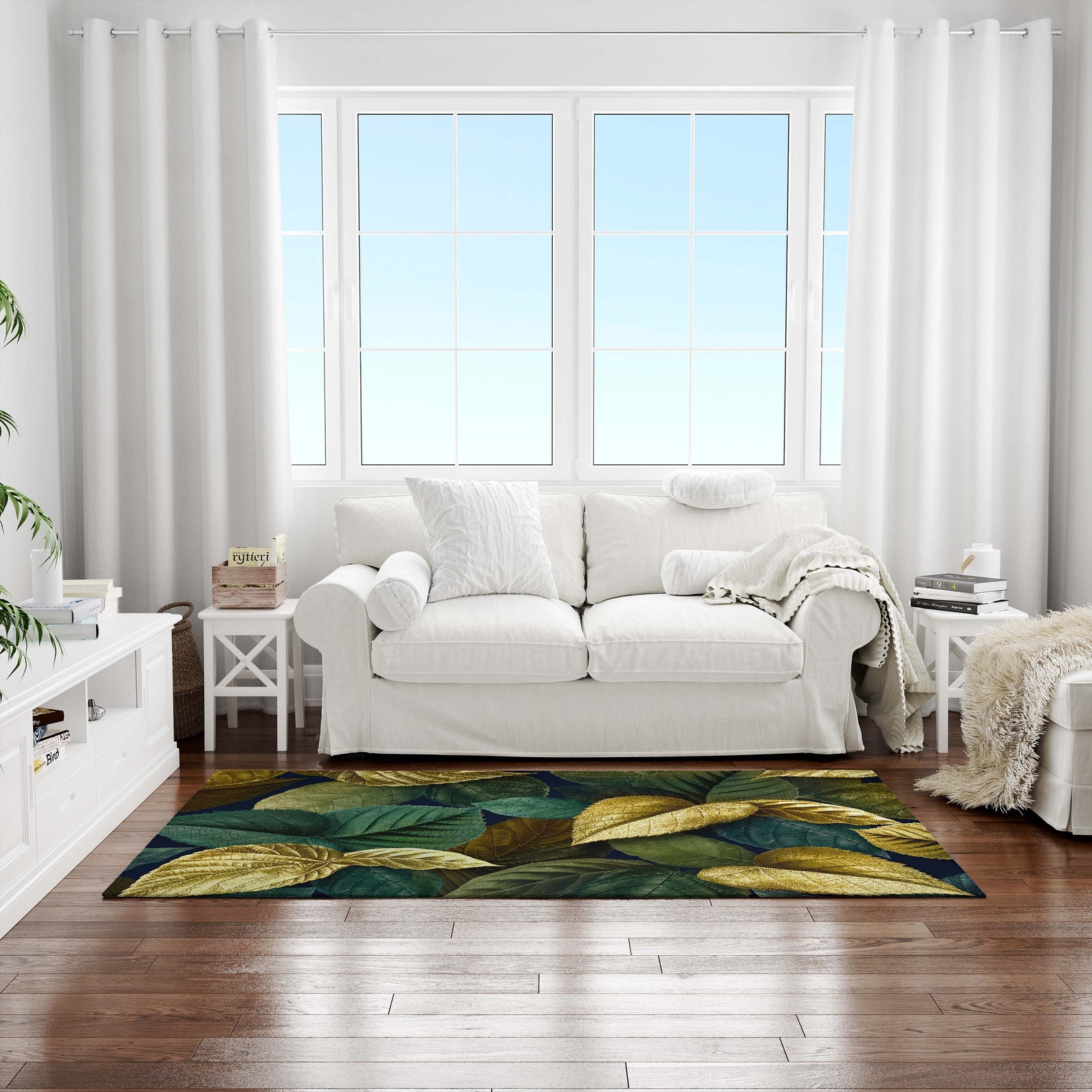 E Fashion Rugs Emerald Green With Golden Leaf Rug, Washable Rug, Rugs for Bedroom ...