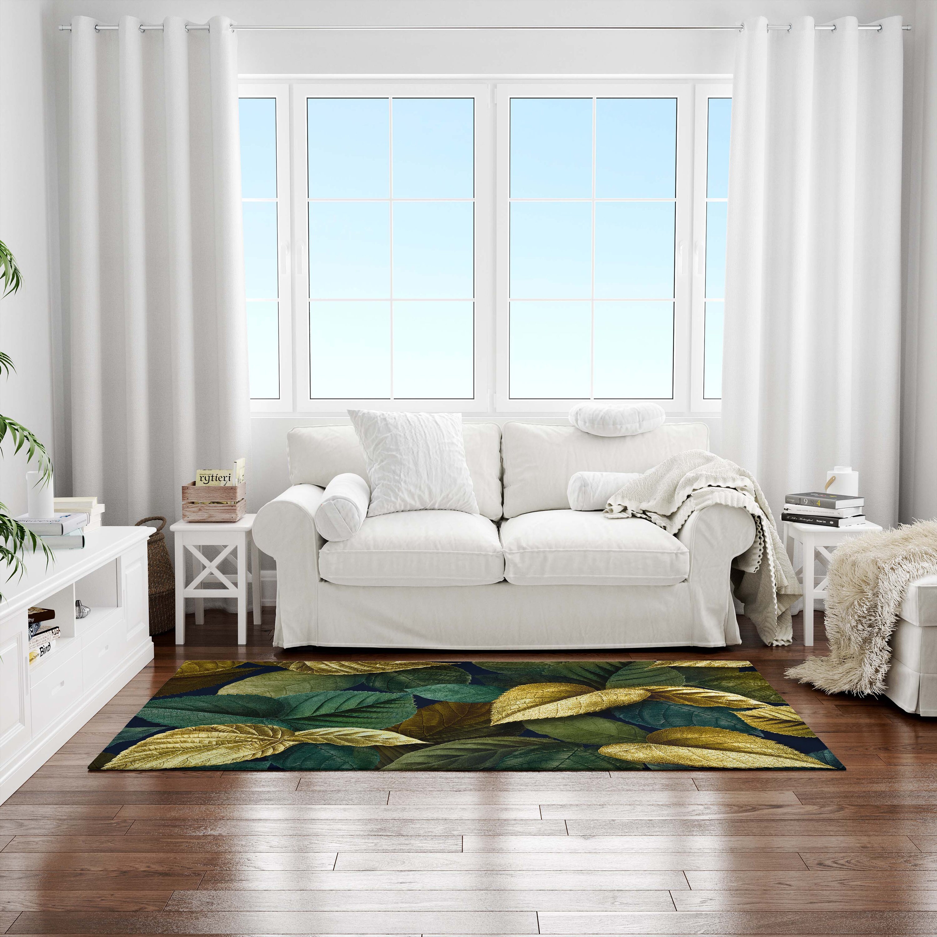 Emerald Green With Golden Leaf Rug, Washable Rug, Rugs for Bedroom ...