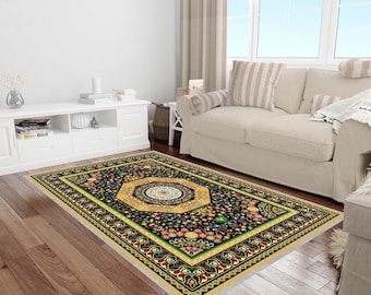 Floral Pattern Rug, Yellow Rug, Blue Flowers, Washable Area Rugs, Rugs for Living Room, Oriental Rug, Rugs for Bedroom, Digital Print Rug