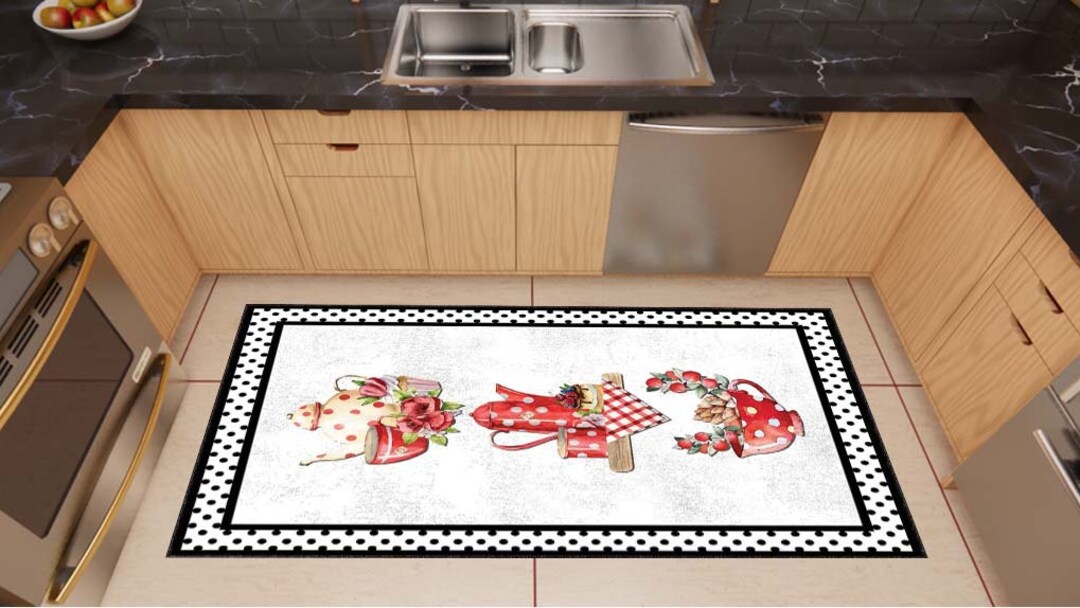 Kitchen Utensils Pattern Rug, Black With White Kitchen Rug, Washable ...