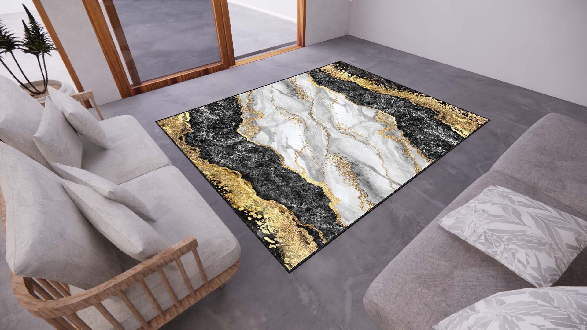 Golden Pattern Gray Marble Rug, Marble Rug, Rugs for Living Room, Rug for Bedroom, Washable Rug,  Modern Rug, Personalized Rug, Gift Rug