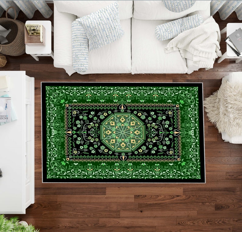 Emerald Green Rug, Black Rug, Floral Pattern Rug, Washable Area Rugs, Rugs for Living Room, Rugs for Bedroom, Digital Print Rug, Modern Rug image 3