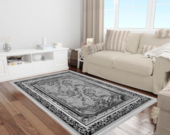 Oriental Rug, Black Rug, Gray Rug, Washable Rug, Rugs For Living Room, Rugs for Bedroom, Digital Print Rug, Modern Rug, Art Deco Luxury Rug