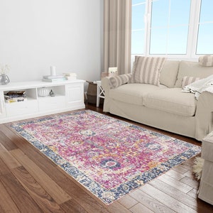 Pink Blue Wintage Pattern Rug, Washable Area Rugs, Personalized Rug, Rugs for Living Room, Oriental Rug, Designer Rug, Rugs for Bedroom