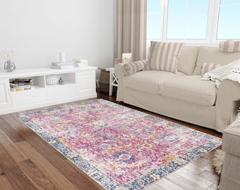 Pink Blue Wintage Pattern Rug, Washable Area Rugs, Personalized Rug, Rugs for Living Room, Oriental Rug, Designer Rug, Rugs for Bedroom