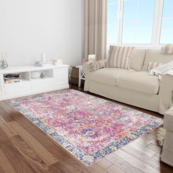 Rosa Blauer Wintage Muster Teppich, Waschbarer Teppich, Personalisierter Teppich, Teppiche für Wohnzimmer, Orientteppich, Designer Teppich, Teppiche für Schlafzimmer