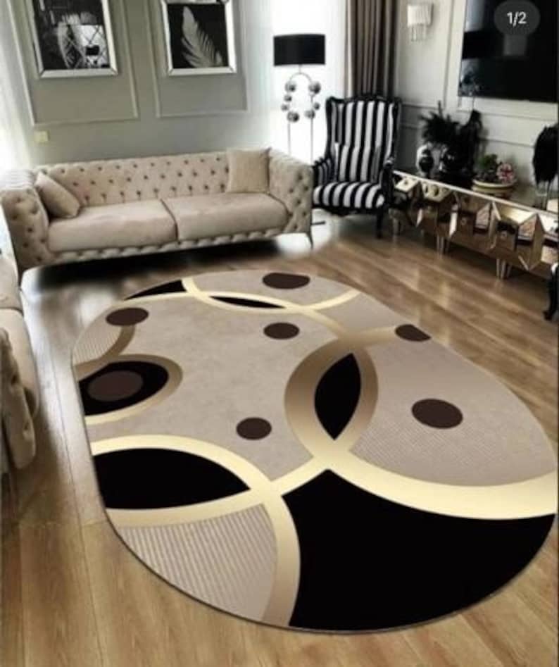 Golden Striped Black Rug, Gold Beige Rug, for Living Room and Bedroom