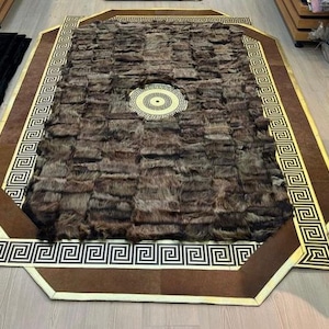 Brown-Gold Sheepskin Rug, Handmade Modern Soft Rug, Gold Leather Rug, Leather Sheepskin Carpet, Real Sheepskin Rug, Brown Fur Rug, Gift Home