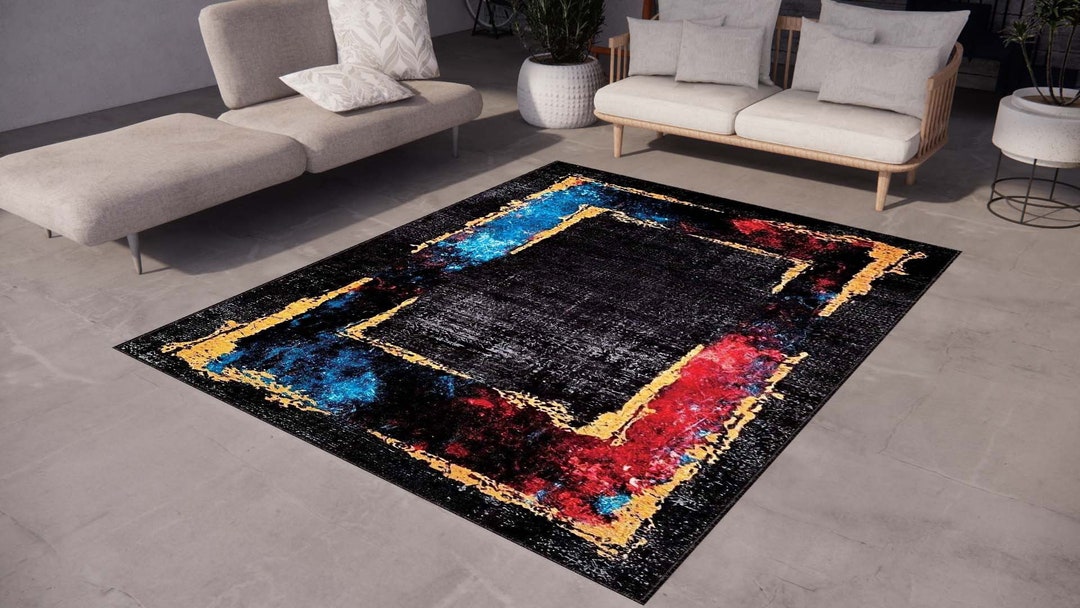 Red and Blue Pattern Black Rug, Washable Area Rugs, Rugs for Living