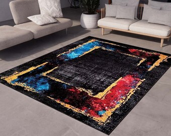 Red And Blue Pattern Black Rug, Washable Area Rugs, Rugs for Living Room, Rug for Bedroom, Digital Print Rug, Modern Rug, Non Slip Rug, Gift